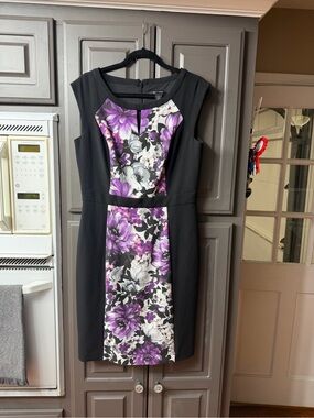 White House Black Market Black Midi Dress with Purple Floral Front Panel